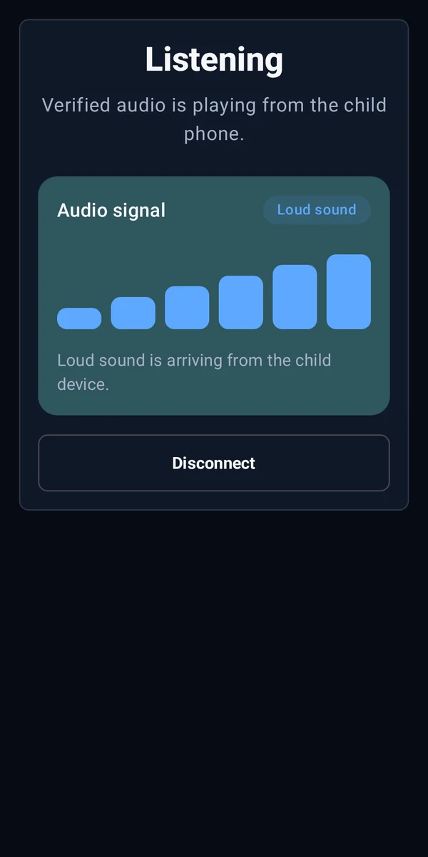 Open Babyphone listening screen showing a loud audio signal