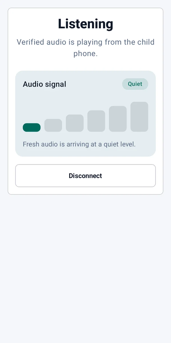 Listening screen in light mode showing a quiet audio signal