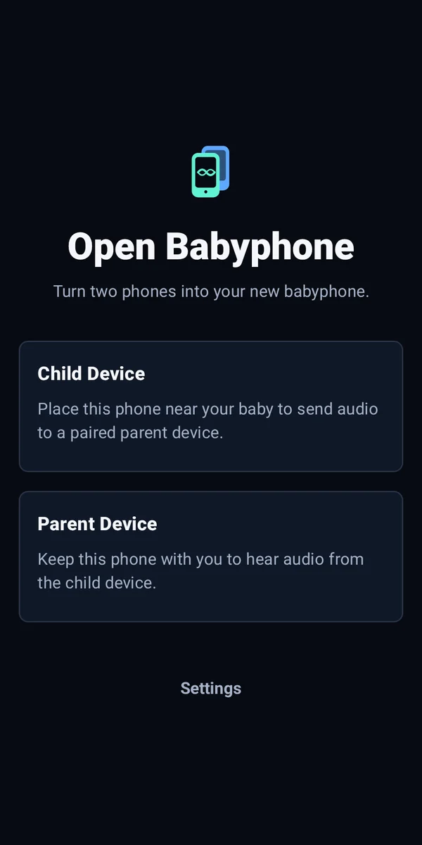 Open Babyphone role chooser in dark mode with Child Device and Parent Device options